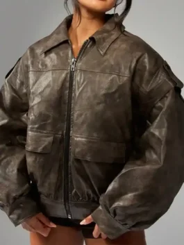 MISSGUIDED Oversized Brown Leather Bomber Jacket in brown leather with shirt collar and zipper front