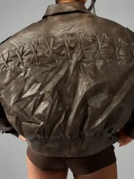 MISSGUIDED Oversized Brown Leather Bomber Jacket back view with brown leather and loose bomber shape