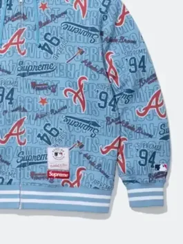 Supreme Atlanta Braves Blue Hoodie with blue fleece, all-over Braves print, and relaxed streetwear fit