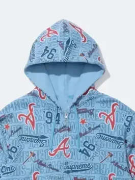Supreme Atlanta Braves Blue Hoodie front view in blue fleece with all-over print and zip-up hooded style