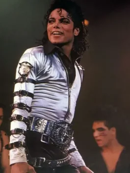 Michael Jackson Silver Bad Era Jacket with silver satin body, zip front, and sharp Bad Era outfit appeal