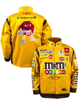Kyle Busch Joe Gibbs Yellow NASCAR Jacket in bold yellow and brown cotton with M&M's racing graphics and a sharp snap tab collar everyday racing build.