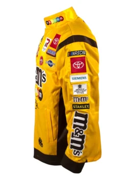 Kyle Busch Joe Gibbs Yellow NASCAR Jacket left view in bold yellow and brown cotton with M&M's racing detailing and a clean stand up collar everyday silhouette.
