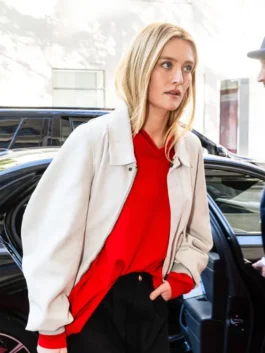 NYC 2026 Sarah Pidgeon White Wool Jacket with clean white wool, shirt collar, and cropped style