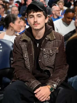 Knicks vs 76ers Timothee Chalamet Trucker Jacket in brown corduroy with sherpa collar and button front
