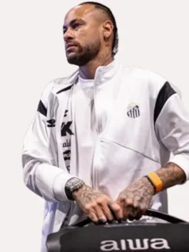 Santos FC Neymar White Track Jacket front view in white fleece with zip closure and stand collar