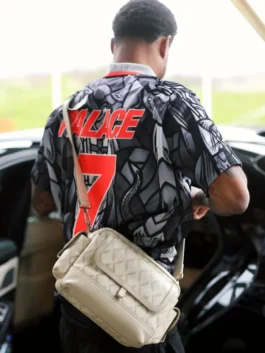 Back angle of the Nike X Palace World Cup England Jersey in grey and black print, showing the shirt style collar.