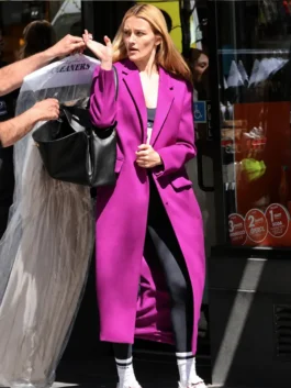 NYC 2026 Sarah Pidgeon Purple Coat in wool with lapel collar, button front, and elegant long coat style