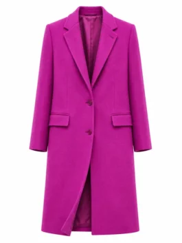 NYC 2026 Sarah Pidgeon Purple Coat front view with lapel collar, button closure, and purple wool body