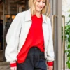 NYC 2026 Sarah Pidgeon White Wool Jacket with white wool body, snap front detail, and ribbed cuffs
