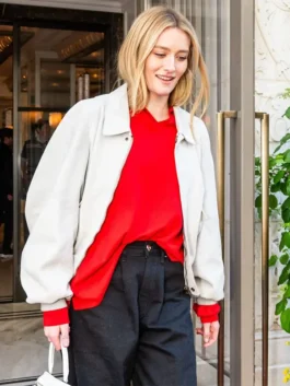 NYC 2026 Sarah Pidgeon White Wool Jacket with white wool body, snap front detail, and ribbed cuffs