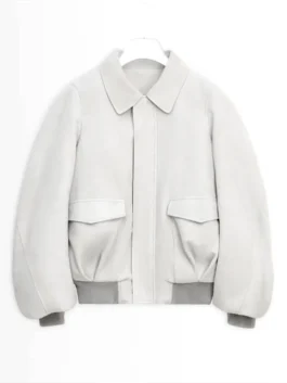 NYC 2026 Sarah Pidgeon White Wool Jacket front view with white wool, shirt collar, and snap closure