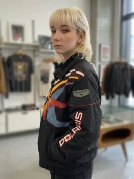 Off Campus Julia Sarah Stone Black Racing Jacket with sleek black fabric and sharp screen-inspired racing look