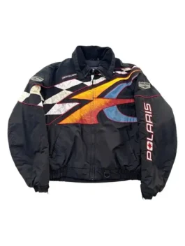 Off Campus Julia Sarah Stone Black Racing Jacket front view with zipper closure and black racing style