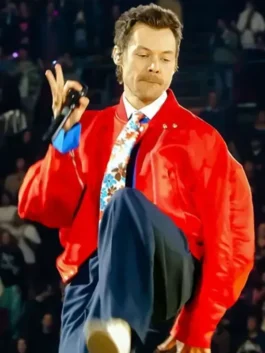 Together Tour Harry Styles Red Jacket with red satin shine, bomber fit, and opening night concert style