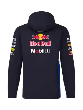 Oracle Red Bull Racing Rain Jacket back view with Red Bull Mobil 1 logos and hooded design