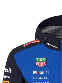 Oracle Red Bull Racing Rain Jacket upper front detail with TAG Heuer Mobil 1 Oracle logos