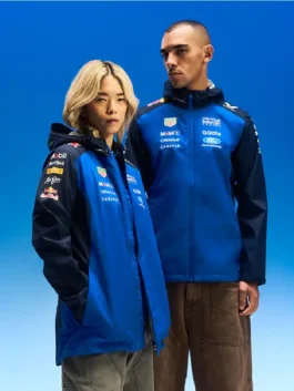 Oracle Red Bull Racing Rain Jacket lifestyle view worn by male and female models in blue and black