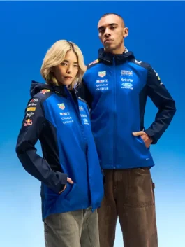 Oracle Red Bull Racing Rain Jacket front view worn by male and female models with team logos