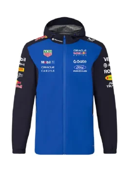 Oracle Red Bull Racing Rain Jacket front view with blue body black sleeves and racing logos