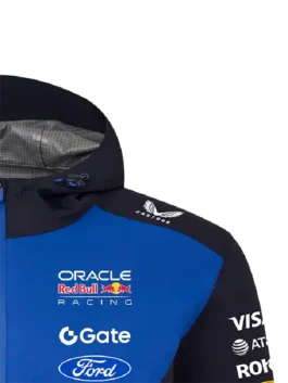 Oracle Red Bull Racing Rain Jacket upper chest close up with Oracle Red Bull Racing and Ford logos