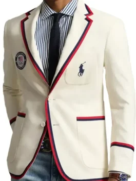 Iconic tailored Team USA Opening Ceremony Blazer featuring a sleek lapel collar, button front, and a smooth inner lining.
