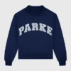 Summerland Varsity Mockneck Sweatshirt in navy blue fleece with varsity lettering and ribbed finish