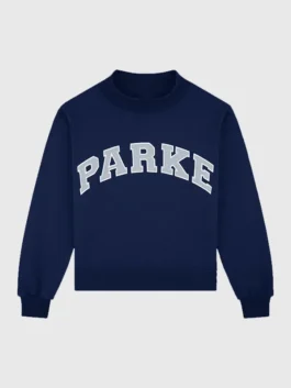 Summerland Varsity Mockneck Sweatshirt in navy blue fleece with varsity lettering and ribbed finish