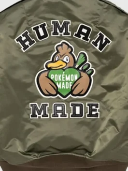 Pokemon x Human Made Satin Bomber Jacket with olive satin texture, ribbed cuffs, and streetwear fit