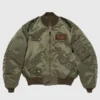 Pokemon x Human Made Satin Bomber Jacket in olive green satin with zipper front and ribbed finish