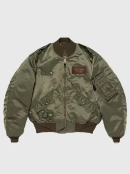 Pokemon x Human Made Satin Bomber Jacket in olive green satin with zipper front and ribbed finish