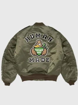Pokemon x Human Made Satin Bomber Jacket back view with olive satin finish and ribbed bomber shape