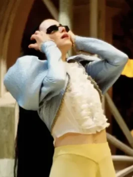 Poor Things 2023 Bella Baxter Blue Coat with blue fabric, open front shape, and elegant movie style