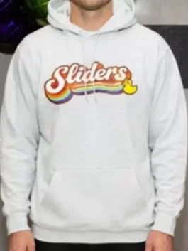 Mike Tyson Rainbow Sliders Hoodie in grey fleece with soft lining, hooded collar, and colorful front artwork