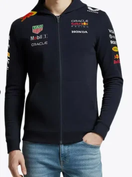 Red Bull Racing 2025 Team Full Zip Hoodie front view with sponsor logos and full zip closure