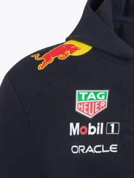 Red Bull Racing 2025 Team Full Zip Hoodie close up of left chest logos and shoulder artwork