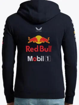 Red Bull Racing 2025 Team Full Zip Hoodie men back view with Red Bull and Mobil 1 logo print