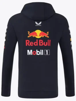 Red Bull Racing 2025 Team Full Zip Hoodie product back with hood and large sponsor logos