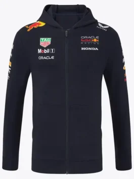 Red Bull Racing 2025 Team Full Zip Hoodie product front with zipper, hood, and chest logos