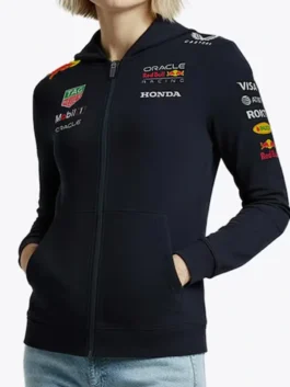 Red Bull Racing 2025 Team Full Zip Hoodie women front view with hood, zipper, and sponsor logos