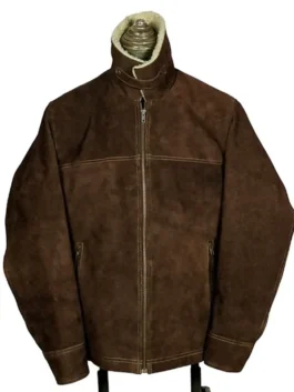 The Walking Dead S05 Rick Grimes Leather Jacket in brown suede with fur collar and zipper closure