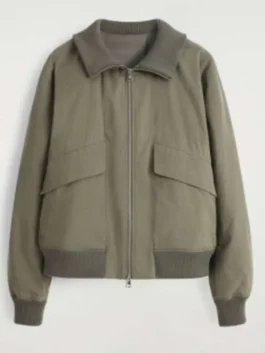 Riley Davis Off Campus Bomber Jacket front view in green cotton with zipper front and ribbed finish