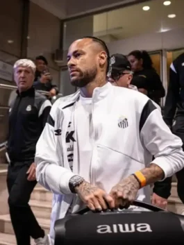 Santos FC Neymar White Track Jacket in white fleece with soft lining, stand collar, and athletic fit