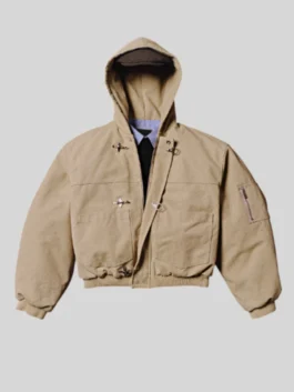 Beige Shinzo Shige 15oz canvas clasp bomber jacket with hooded collar and rib knitted cuffs front view