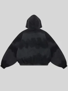 Back view of black Shinzo Shige 15oz canvas clasp bomber jacket with hood and oversized bomber shape