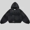 Black Shinzo Shige 15oz canvas clasp bomber jacket front view with hooded collar and metal clasp closure