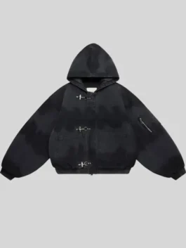 Black Shinzo Shige 15oz canvas clasp bomber jacket front view with hooded collar and metal clasp closure