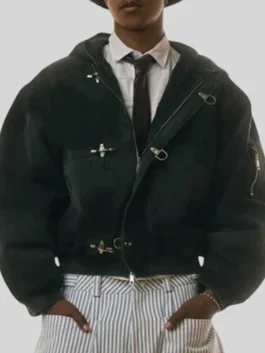 Black Shinzo Shige hooded canvas clasp bomber jacket styled with striped trousers and formal shirt