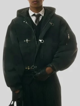Black Shinzo Shige clasp bomber jacket with tie styling and oversized hooded structure