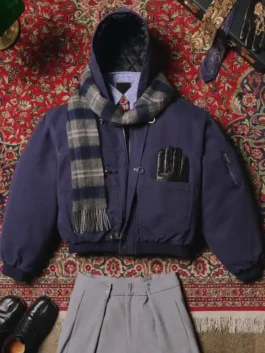 Navy blue Shinzo Shige canvas clasp bomber jacket flat lay with scarf and gloves on patterned rug